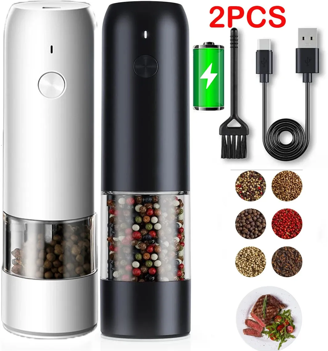 2PC Automatic Pepper Grinder USB Electric Rechargeable Salt Spices Grinder Mill with LED Light Stainless Steel Seasoning Bottle 240304