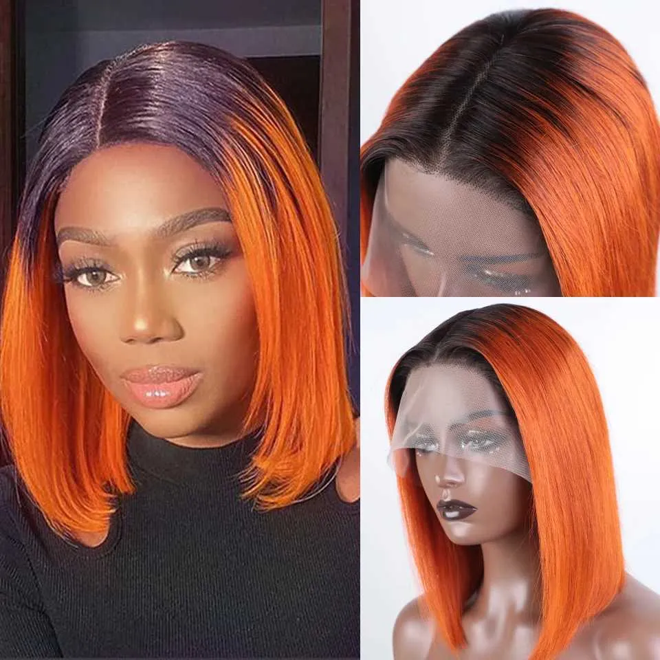 Perucas de cabelo gengibre laranja laço frontal curto bob destaque 613 laranja brasileiro humano natural remy 240306