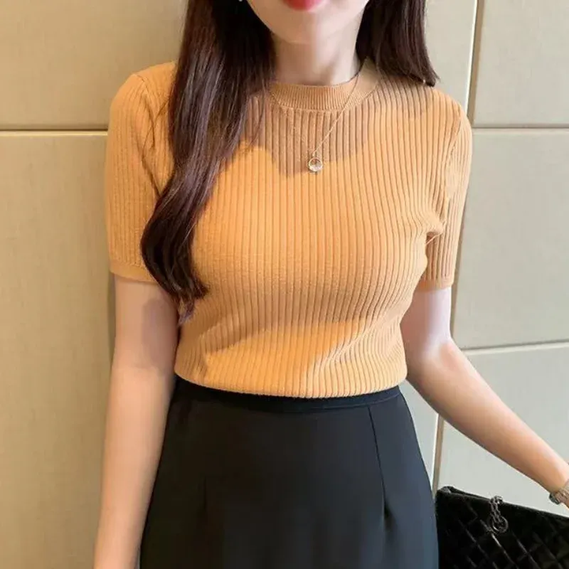 Blouse Short Sleeve Ice Silk Knit Shirt Korean Fashion Women ONeck Tops Casual Solid Simple Blouse Clothes New Blusas Elegant 27626