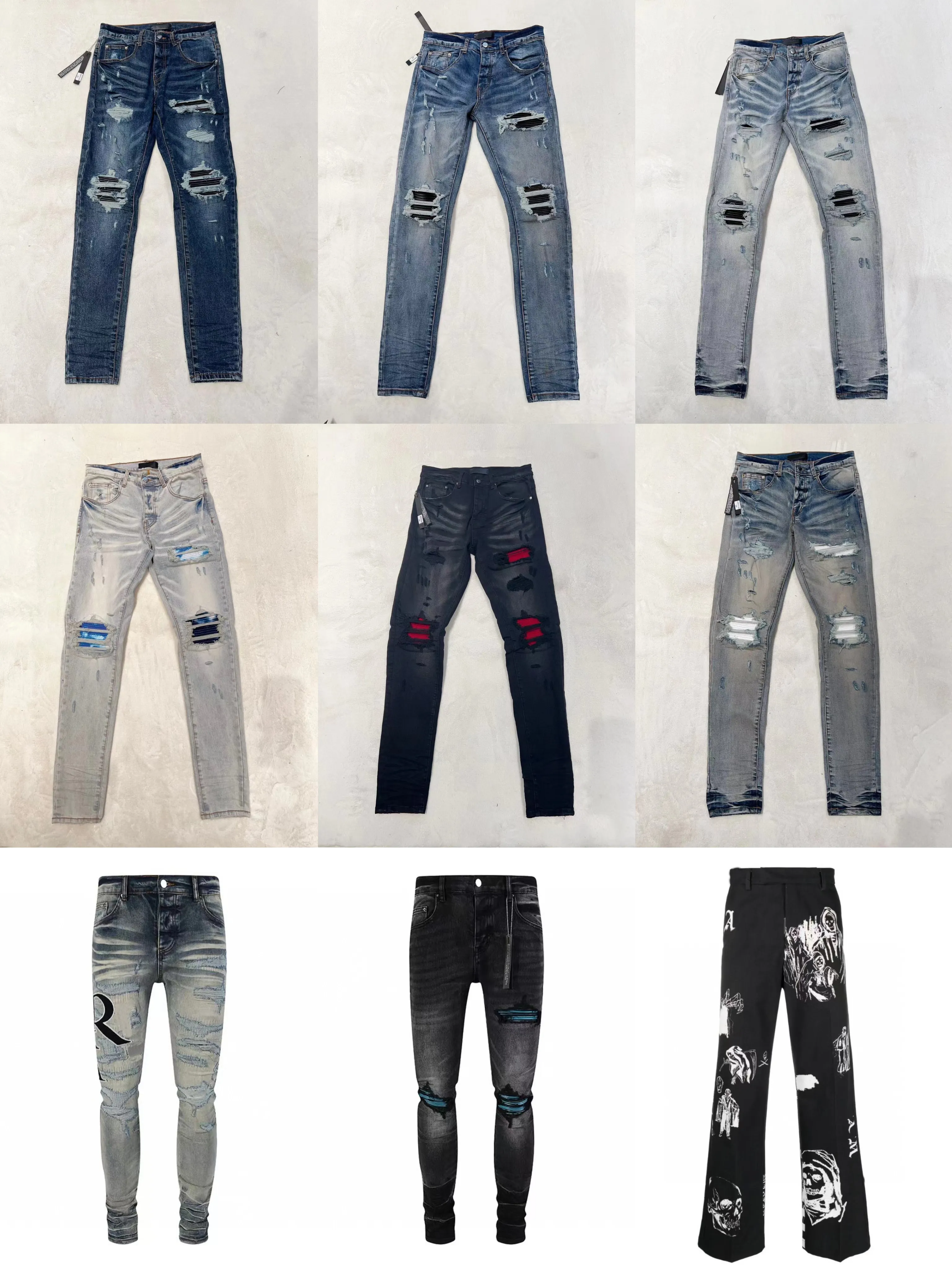 Amirs jeans mens jeans designer jeans mens designer pant mens smala fit elastisk broderi mode jean stil katt whisker blekande mäns trasiga hål jeans samma stil