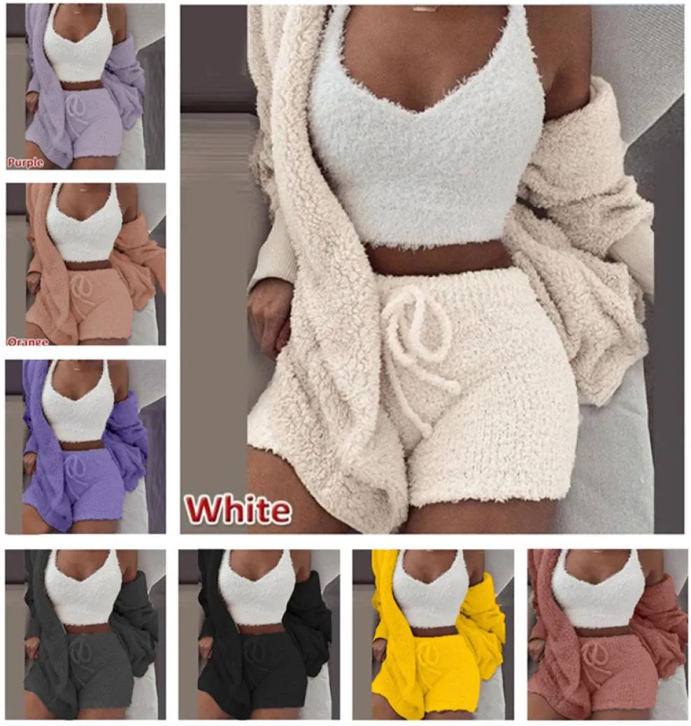 3pcsset Winter Fleece Pajamas Set Women Homewear Long Sleeve Coat Outwear Sleeveless Vest Shorts 3 Piece Outfits Soft Plush T5241853