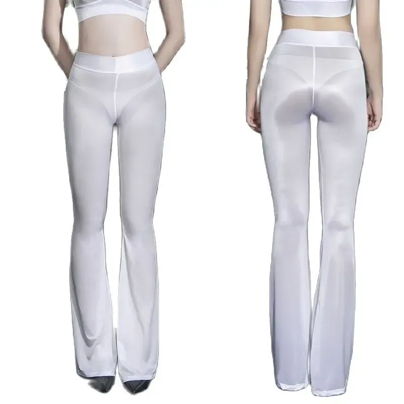 Capris Pantalon évasé brillant à l'huile super fin transparent transparent chaud sexy pour boîte de nuit look mouillé leggings à haute élasticité