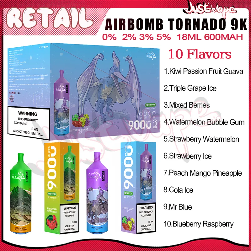 Tornado Airbomb d'origine 9000 Puffle jetable E Cigarettes E Bobine de maille 18 ml POD 600 MAH Batterie Cigs électronique Puff 9k 0% 2% 3% 5% 10 FAVORS VAP