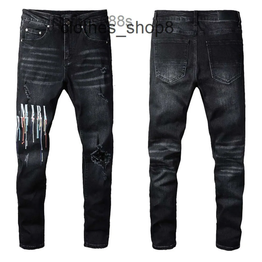 Designer Jeans Trend amirrs-vloeibare gespoten kleurrijke patch met lettergaten, elastische jeans met strakke pijpen 63TB