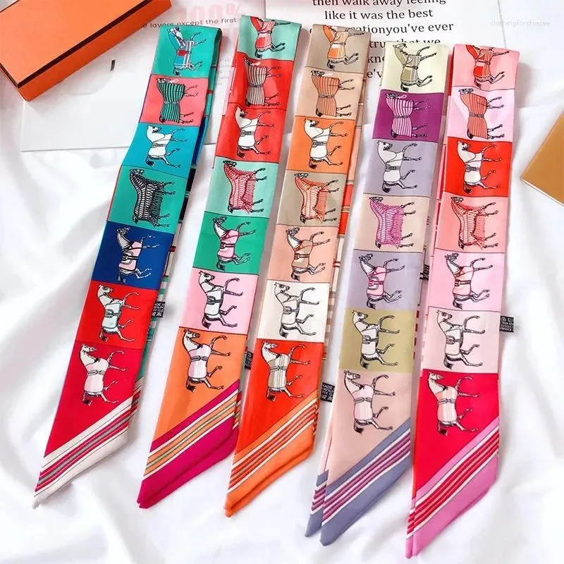 Men's Vests Luxury Silk Skinny Scarf 2024 Fashion Bag Handle Ribbon Ladies Horse Print Headband Small Hair Scarves Band Female