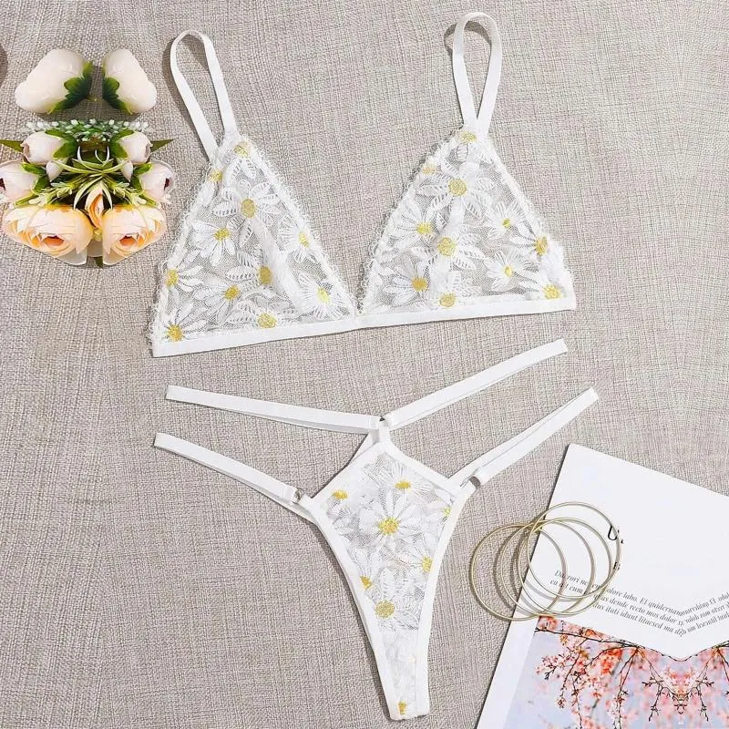 Bras Sets Teen Girls Bra Thong Womens Sexy Lace Flower Print Bodysuit Set Fashion Embroidery Lingerie Low Waisted Wireless Underwear