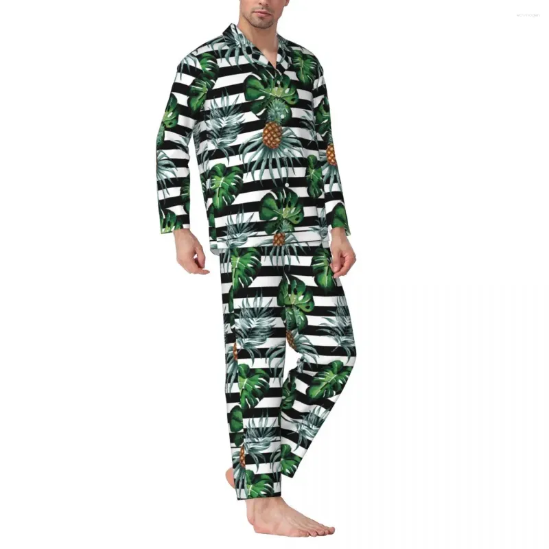 Men's Sleepwear Watercolor Tropical Pajama Sets Pineapple And Stripes Couple Long Sleeves Aesthetic Room 2 Piece Nightwear Plus Size