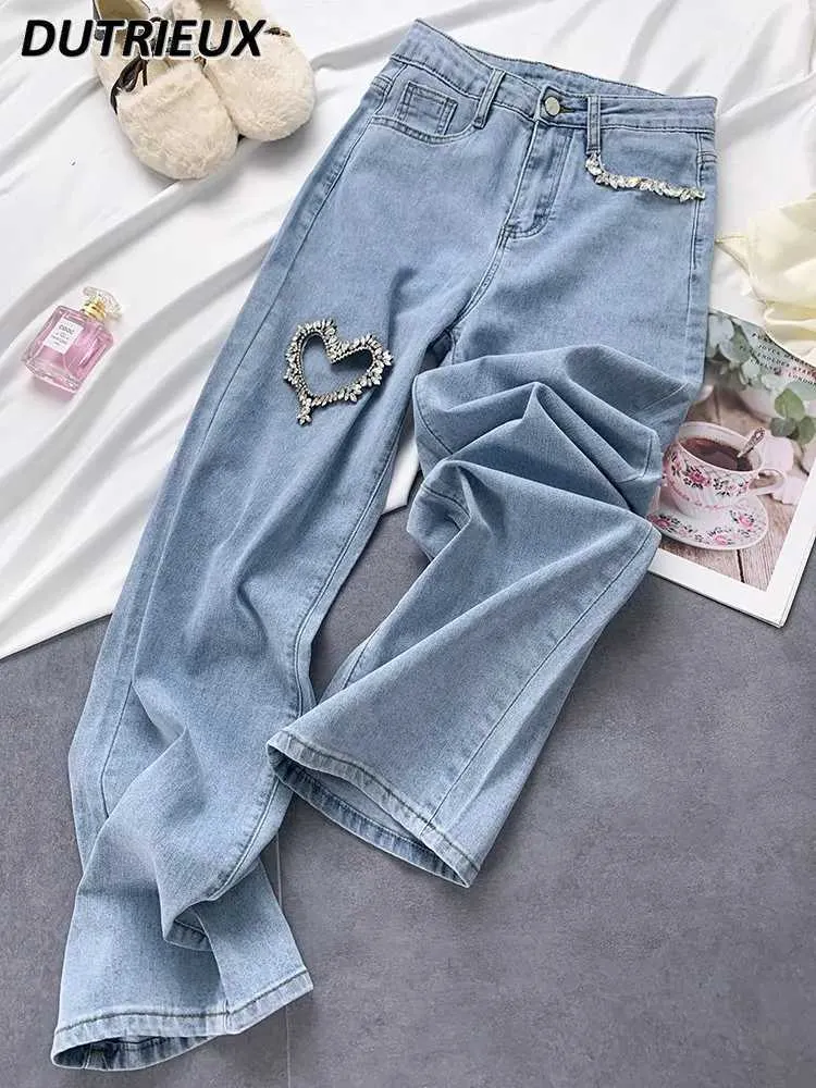 Women's Jeans High Street Spring and Autumn Loose Weight Loss Straight Waist Jeans Wide Legged Pants Womens Heart Diamond Denim Bag Trousers J240306