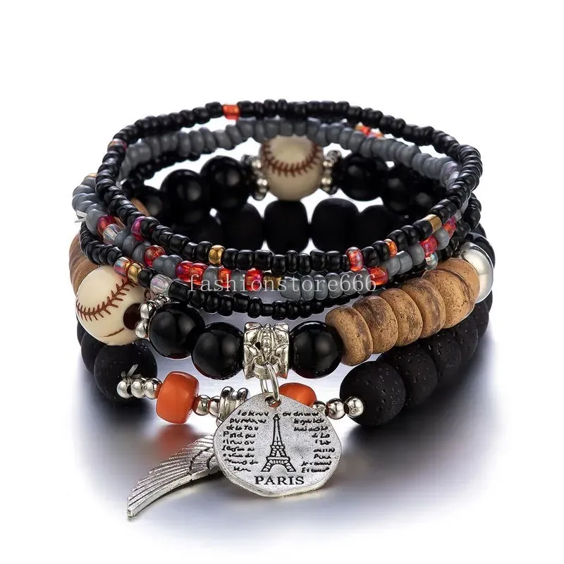 Mode Stretch Charm Armbänder Frauen Paris Tower Wing Baseball Böhmisches Ethnisches Design Perlen Armreifen Mehrschichtige Herren Kristall Elastische Reisperlen Schmuck Pulseras