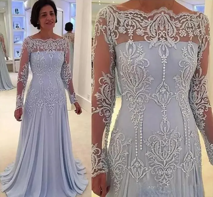 Elegant Scoop A-Line Chiffon Mothers Dresses Pearls Beads Lace Appliques Illusion Long Sleeves Mother of the Bride Dresses Evening Gown CG001