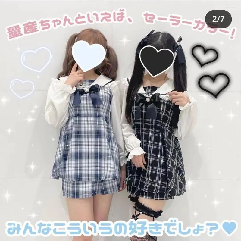 Vestidos de trabajo japonés verano dulce encaje manga larga serie mina producción en masa vestido a cuadros pantalones cortos conjunto lolita estudiante traje