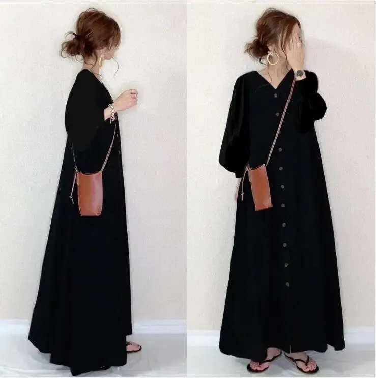 Abito lungo stile giapponese da donna con scollo a V monopetto nero manica lunga abito lungo ampio ampio Vesitidos De Mujer abito Harajuku