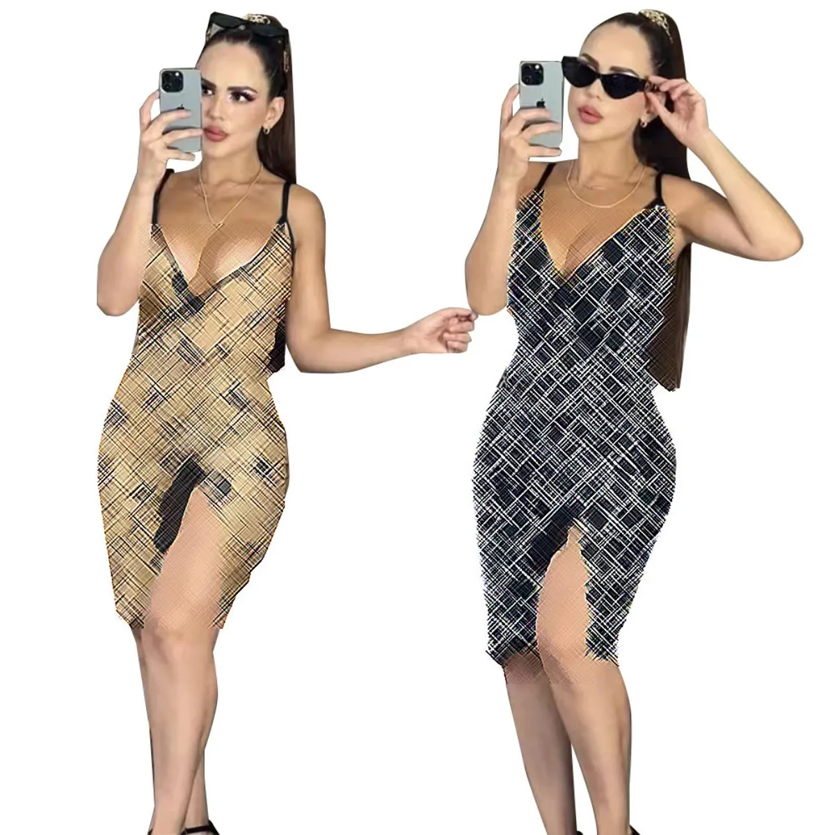 Sexy Deep V-neck Strap Dresses Women Designer Print Bodycon Mini Dress Clubwear Free Ship