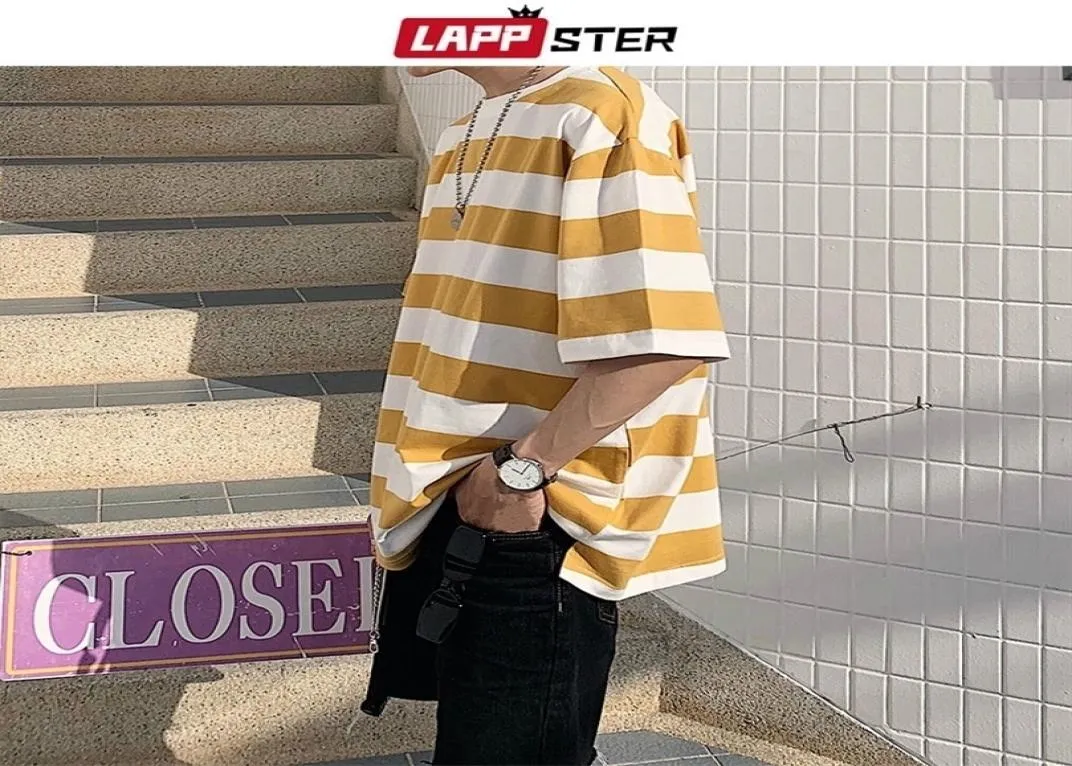 LAPPSTER Men Streetwear Striped Tshirt Summer Mens Funny Hip Hop Loose T Shirt Male Vintage Fashion Tees Casual Yellow Tops MX20058520935