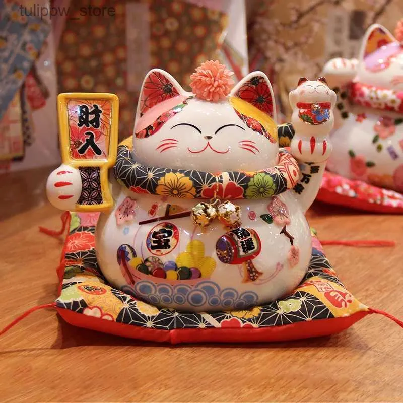 Decorative Objects Figurines 6 Inch Ceramic Lucky Cat Maneki Neko Fortune Cat Statue FengShui Ornaments Handicraft Money Box Home Decoration Business Gifts