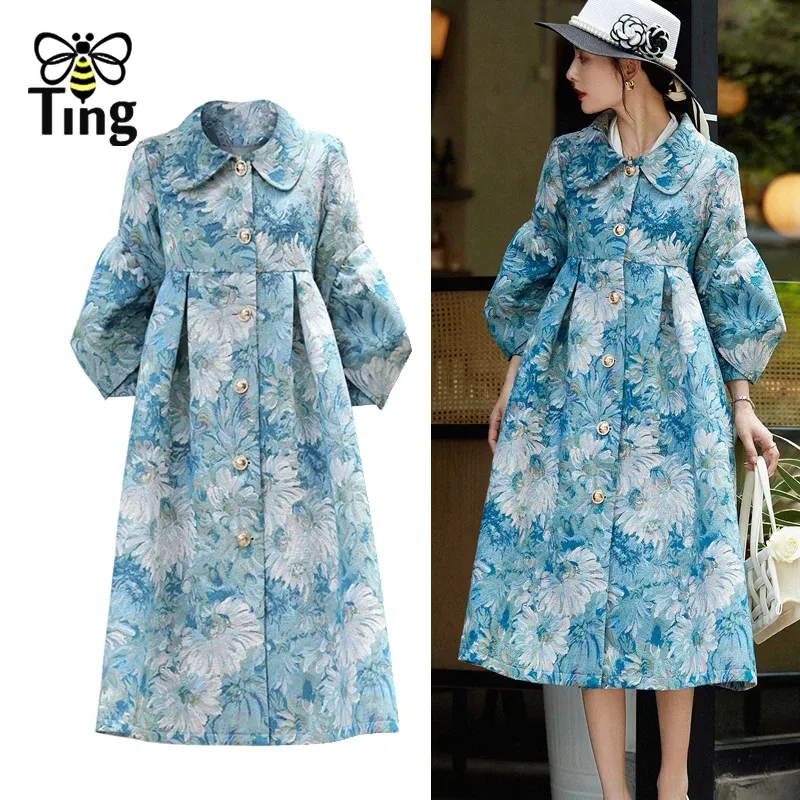 Dress Tingfly Vintage Elegant Painting Jacquard Lantern Half Sleeve Casual Single Breasted Trench Coat Dress Lady Winter Autumn Outfit