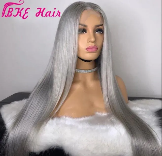 Natural Long Silky Straight Silver Grey Color brazilian full lace front wig High Density Heat Resistant Glueless Synthetic Wigs fo3780408