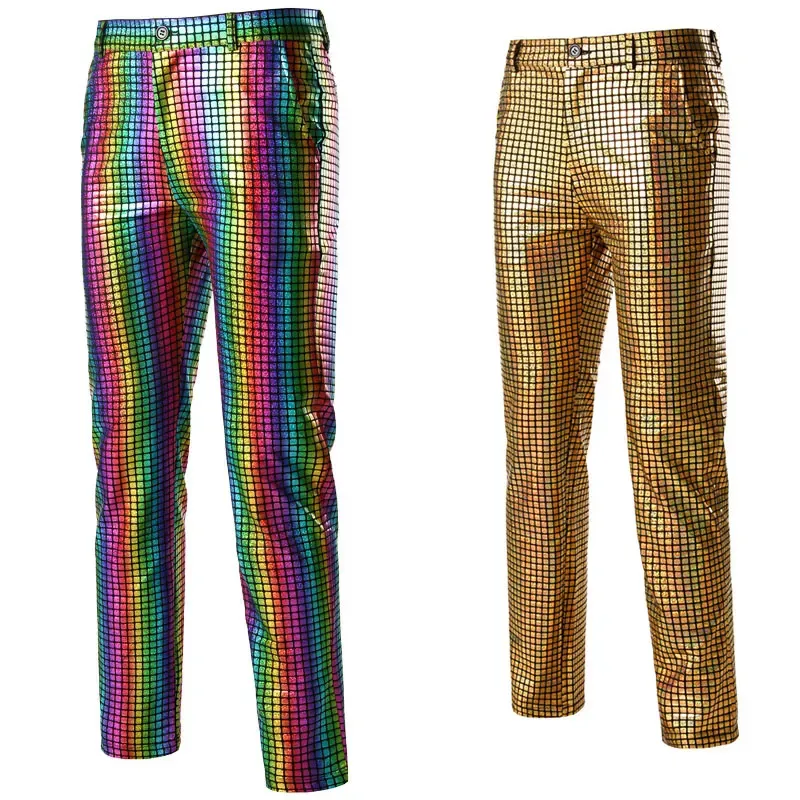 Pants Shiny Gold Rainbow Sequin Plaid Trousers Men Disco Nightclub Stage Prom Bling Pants Men Christmas Party Dancer Singer Costume