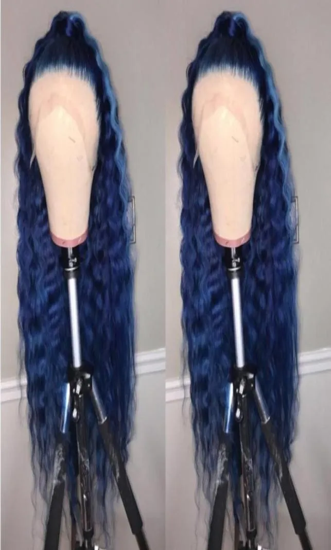 Peruca de onda de água de cor azul escuro com cabelo de bebê perucas dianteiras de renda sintética de alta temperatura para mulheres negras cosplay98067138453655