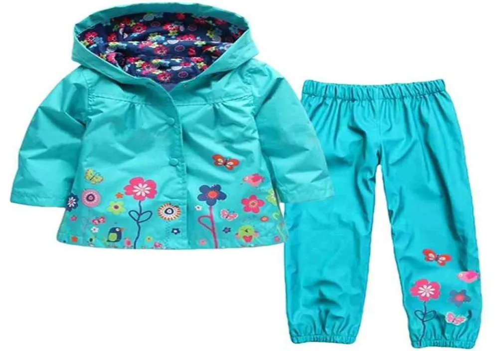 Flickor kläder regnrock set höst baby casual hoodie jackor byxor barn vårsport kostym barn vattentät kappa outfit 2108048701741