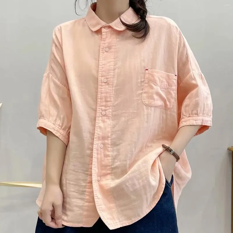 Chemisiers pour femmes chemises en lin et coton surdimensionné grande taille Blouse sociale Mori fille Style japonais bref chemise rose unie grands hauts