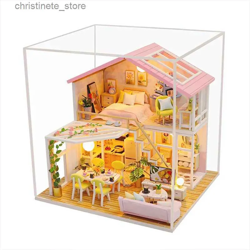 Architecture / DIY House Nouveau arrivée Doll House Couverture de poussière meubles miniatures poupées enfants toys mini-maison en bois Dollhouse Birthday Gifts M2001