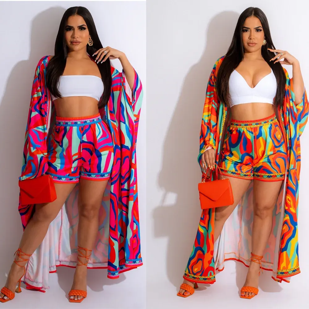 Set Batwing Sleeve Cardigan Shorts Set Women Abstract Print Matching Set Two Piece Set Top Shorts Suit 2023 New Beach Vacation