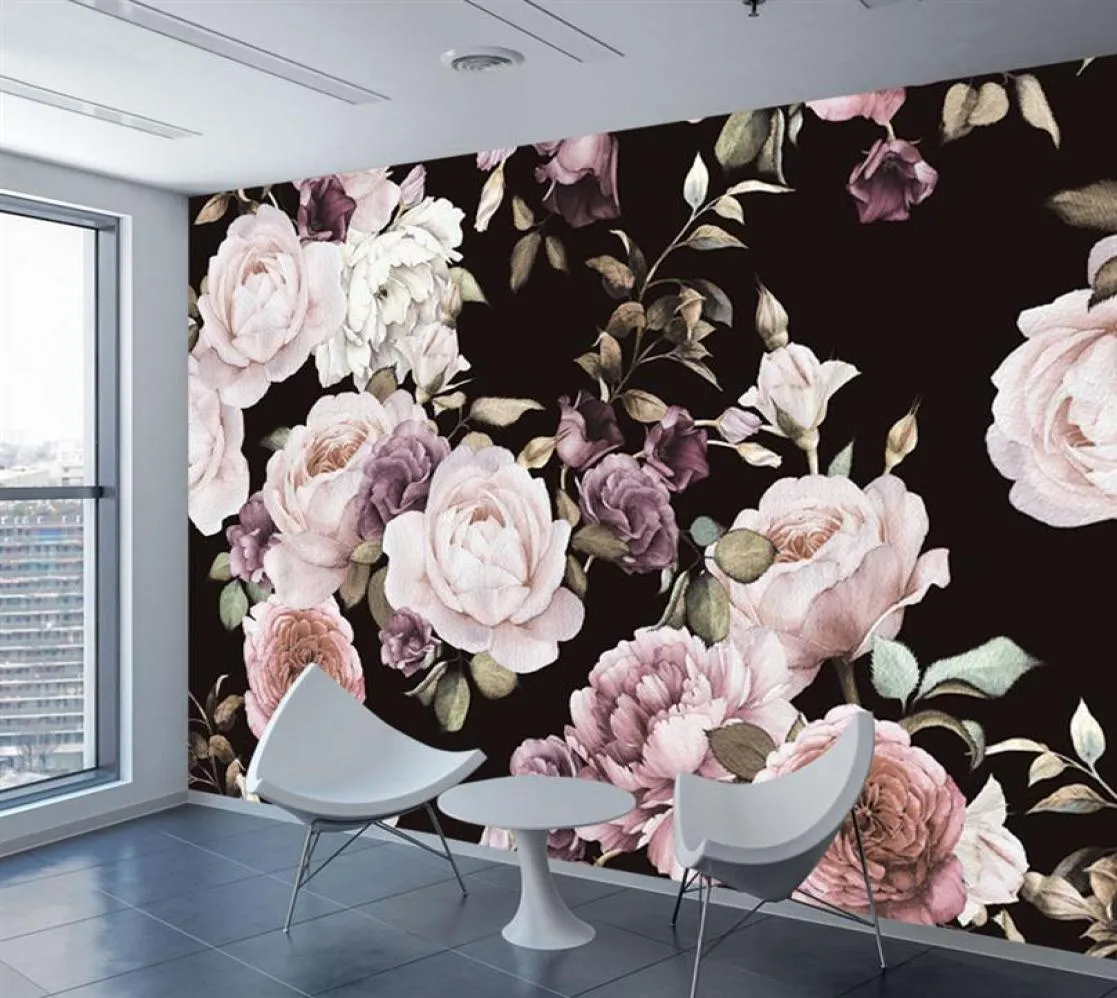 カスタム3D POの壁紙壁画手描き黒い白いバラの花の壁壁壁物の壁壁飾り飾り絵画壁紙197b2963339