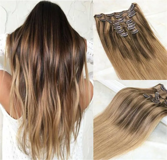 Balayage Clip in Hair Extensions 4 Dark Brown mixed 27 Honey Blonde and Color 10 Golden Brown Ombre Brazilian Human Hair Extens4170866