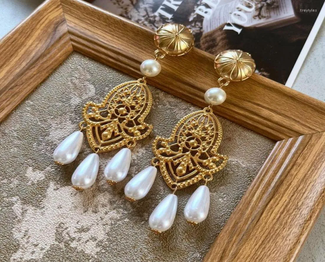 Stud Earrings Filigree Vintage Teardrop Pendant Pearls Statement Ear Accessories Femme Jewelry1229815