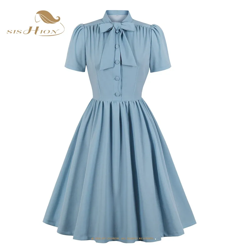 Robe 2023 robe plissée bleue Style Vintage noeud papillon cou boutonné femmes élégantes été ceinturée Pinup 60s 50s robes Rockabilly SD0081
