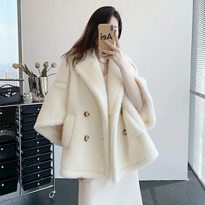 Fur New Design Real Wool Teddy Short Coat 2023 Fashion Jackets Winter Natural Fur Short Sleeve Poncho