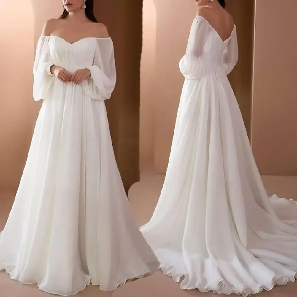 Dress Women's Sexy Off Shoulder Lace Maxi Evening Gown Lantern Sleeve High Waist Women Dress Flowy Hem White Elegant Long Dress