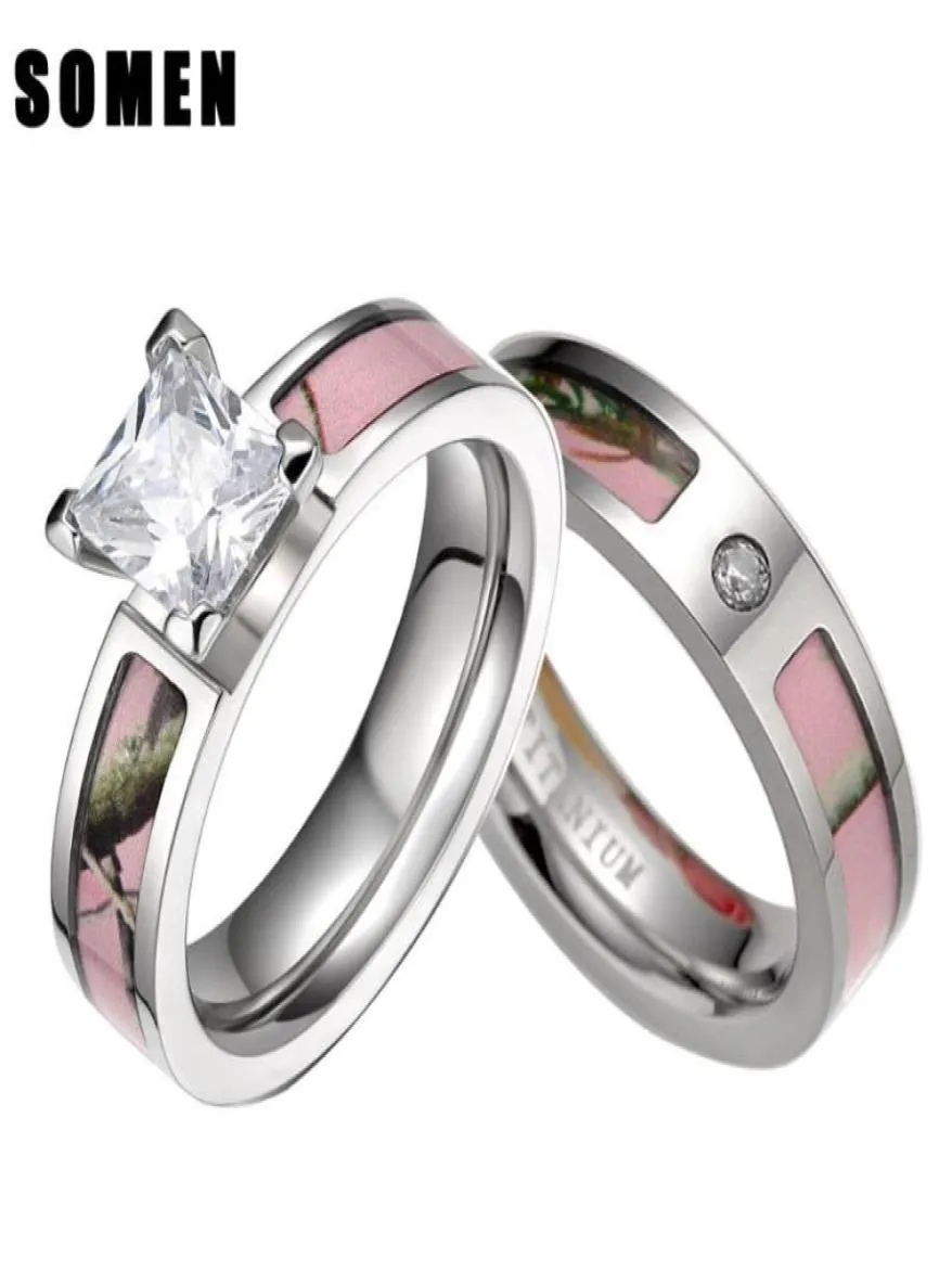 Wedding Rings Somen Pink Tree Camo Inlay Titanium Couple Ring Women Cubic Zirconia Band Men Engagement Jewelry Lover AllianceWeddi2874080