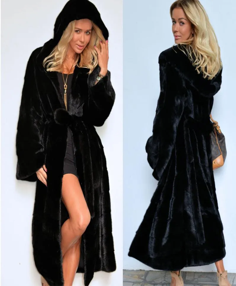 Uzun kapüşonlu vizon kürkleri kadınlar sonbahar kış sıcak kürk ceket kemer kadın ile siyah rahat sahte kürk palto bayanlar ceket1620947
