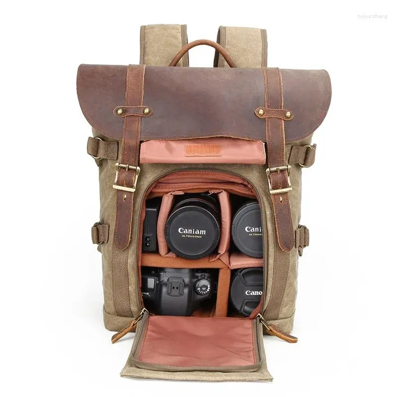 Ryggsäck män hög kvalitet vaxad duk läder ryggsäckar vintage kamera retro dslr resande ryggsäckar mode dagsäckar