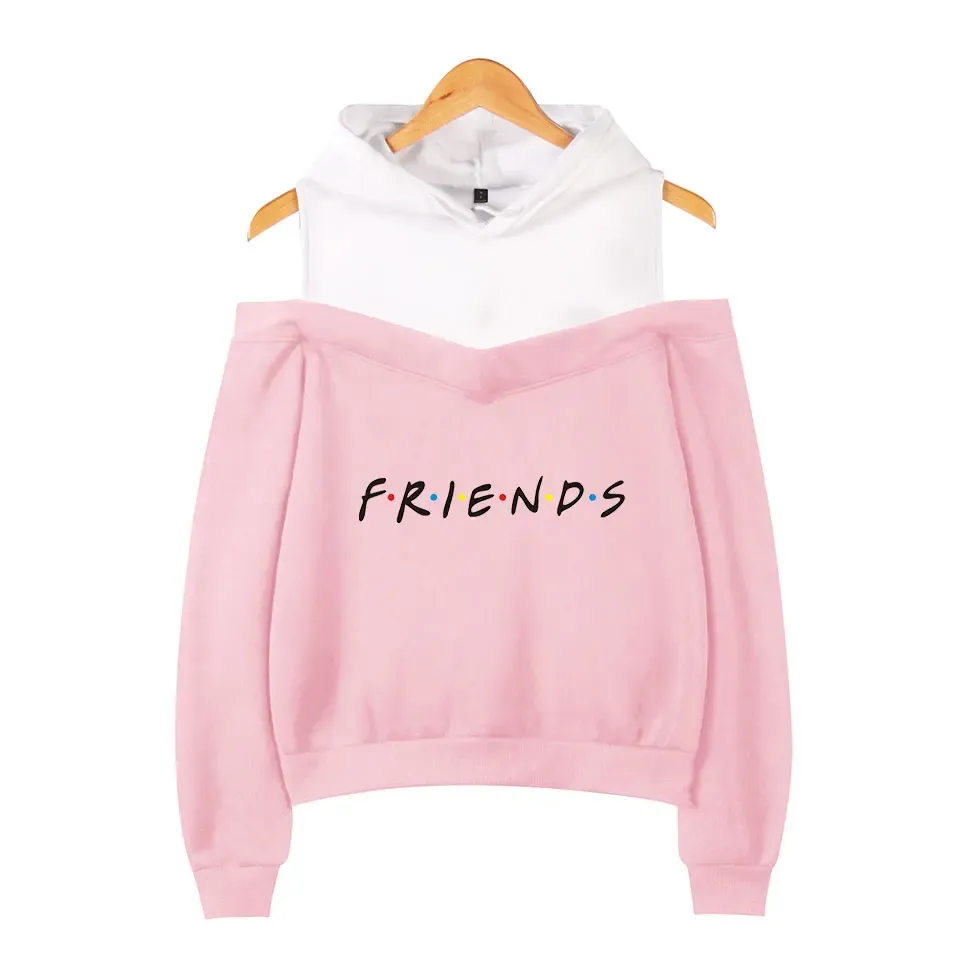 Jacken FRIENDS Bedruckte Off-Shoulder-Kapuzenpullis für Damen, TV-Show, ich werde für Sie da sein, Kapuzenpullover, Sweatshirt, Damenmode, Fleece, warmer Jackenmantel