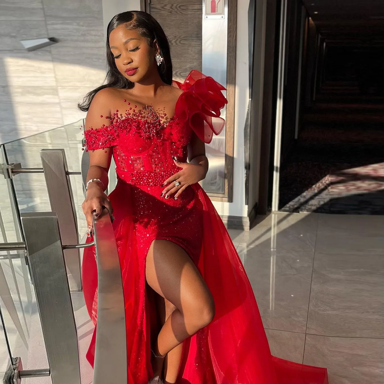 Elegant Red Prom Dress: Beaded \u0026 Sequined Gown for Women - Luxury Formal  Evening Dress with Side Slit