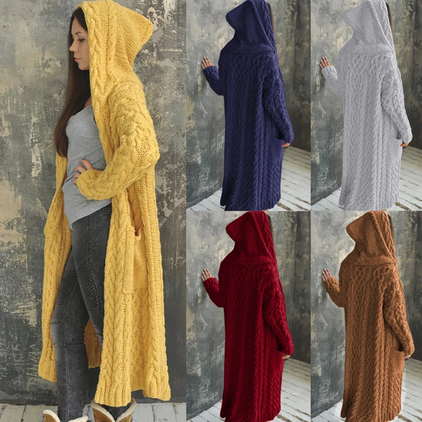 Slippers Cardigan Women Solid Color Long Sleeve Braid Knit Cardigan Hooded Sweater Coat Overcoat Loose Ladies Sweaters Coat Oversized