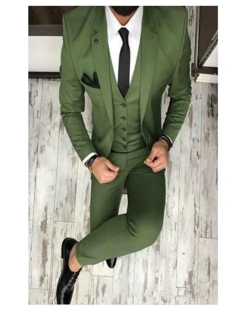 2019 esmoquin de novio verde oliva con solapa con muescas trajes de hombre ajustados para trajes de boda de negocios chaqueta pantalones corbata chaleco 7673216