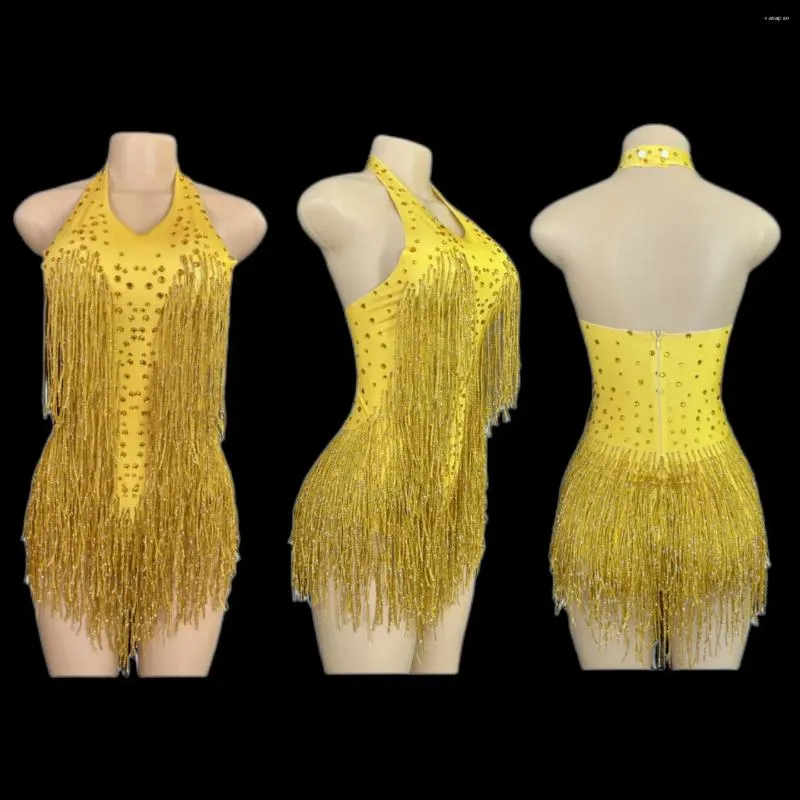 Stage Wear Sparkly Strass Frange Body WomenVightclub Party Dance Costume SexyTassel Leotard Performance Vêtements