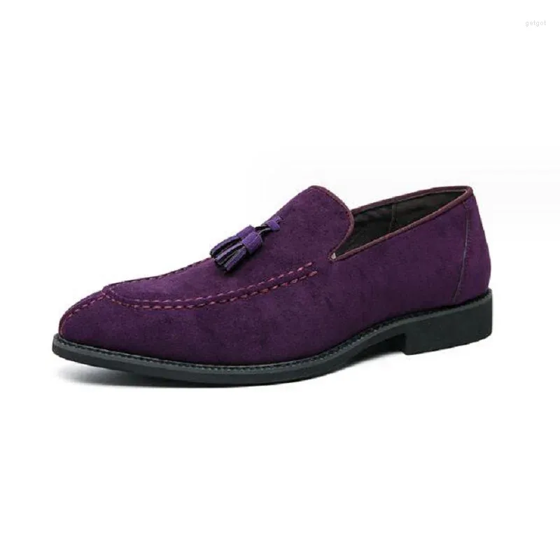 Dress Shoes Brand Design Men Suede Leather Moccasins Purple Tassel Pointed Men's Loafers Vintage Slip-on Casual Social