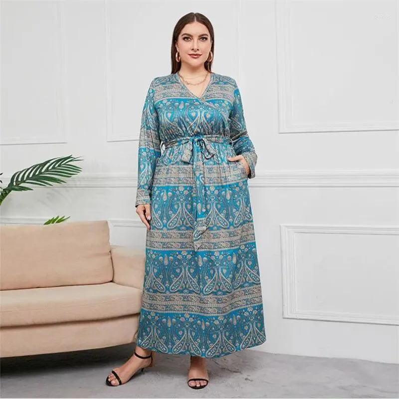 Ethnic Clothing Middle East Muslim Printed Maxi Dress Caftan Dubai Loose Casual Women Arabic Abaya Islamic Ramadan Robe Plus