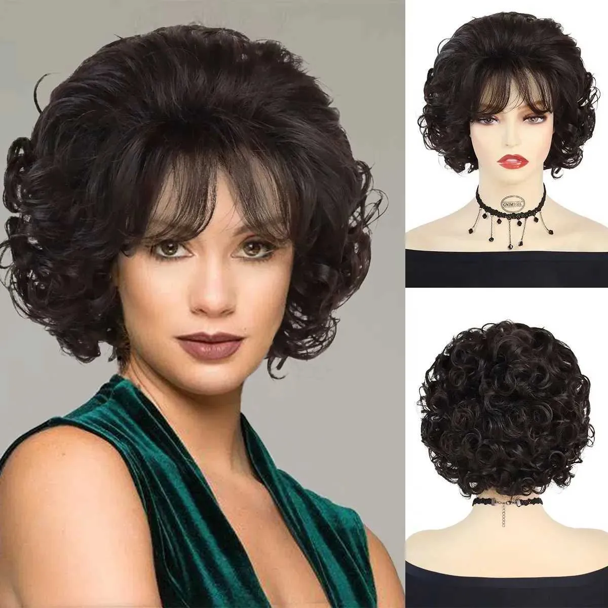 Peruki do włosów Syntetyczna krótka peruka dla kobiet naturalna kręcona z grzywką ciemnobrązowa elegancka mamusa fantazyjna sukienka cosplay 240306