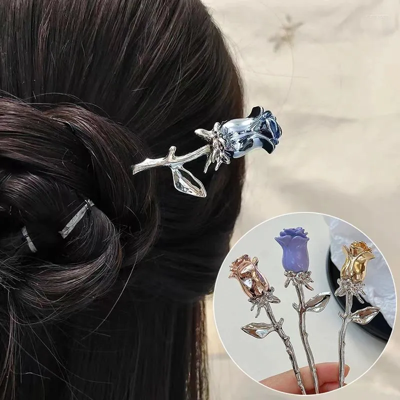 Hair Clips 2024 Vintage Rose Sticks Hairwear For Women Simple Flower Black Red Hairpin Chopstick Disk Hairstick Headdress Jewelry