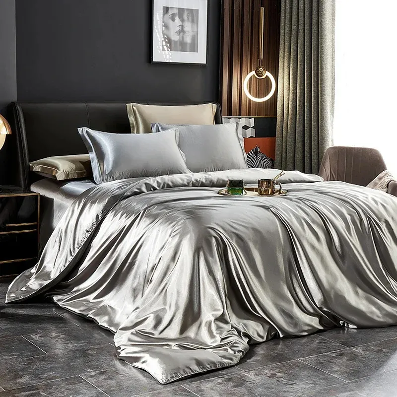 Ensemble de literie en soie solide, avec housse de couette, drap et taies d'oreiller, en Satin de luxe, simple, Double, King, Queen, Twin, taille 240229