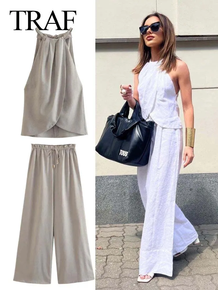 Women's Tanks Women Fashion Suits Solid Linen Adjustable Tie Straps At Back Streetwear Camis Tops Chic Elastic Waist Wide Leg Pants