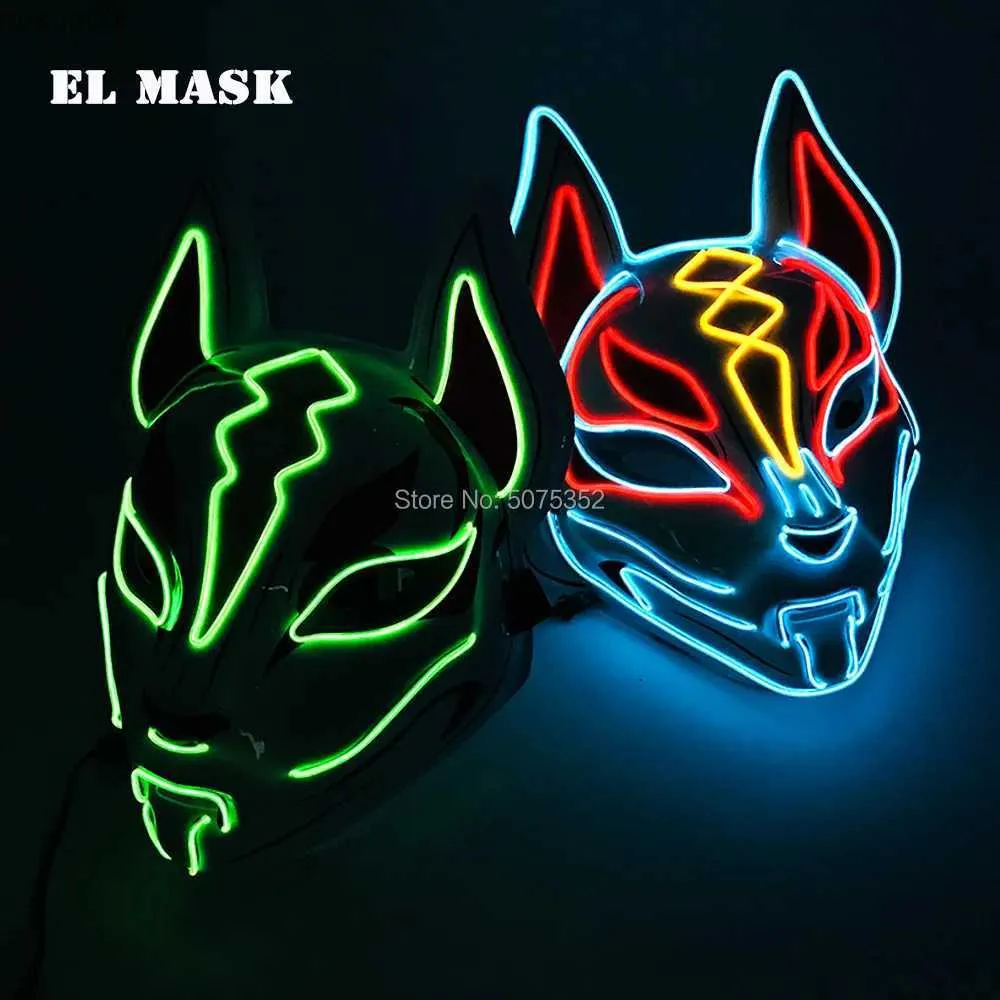 Designer Masks Anime Expro Decor Japanese Fox Mask Neon Led Light Cosplay Mask Halloween Rave Led Mask Dance DJ Payday Costume Props