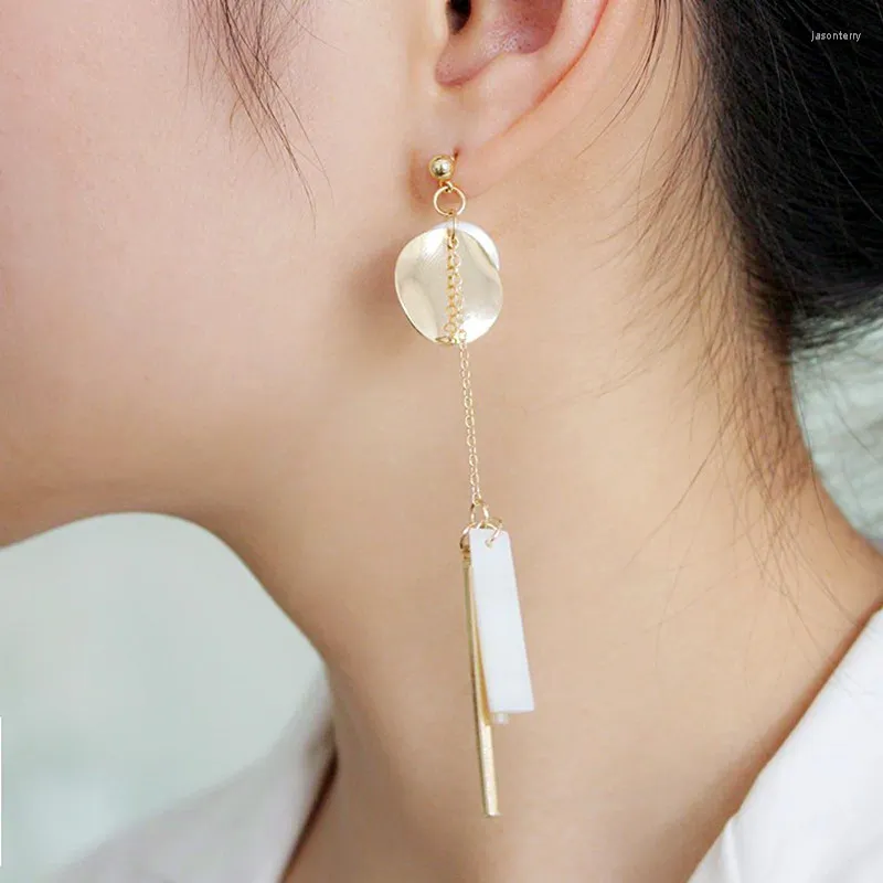 Stud Earrings Fashion Asymmetry Gold Color Tassel Long for Women Geometric Round Shell Earring Minimalist Party Jewelry Gifts