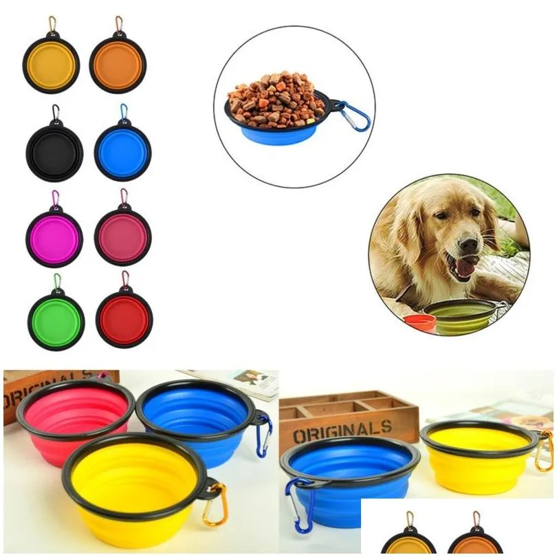 Cuencos para perros Alimentadores portátiles plegables para mascotas, perros, gatos, cuencos de alimentación con hebilla, compacto, para viajes al aire libre, alimentador de Sile, venta al por mayor, Drop Deliv Dhrw8